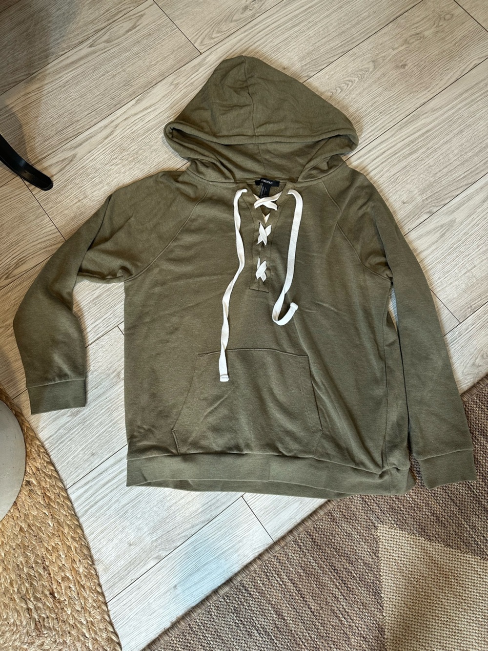 Forever 21 Olive Green Hooded Lace-Up Sweater
